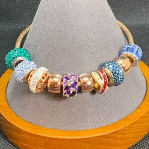 Persona Cable Slide Charm Bracelet Sterling 925 Silver Rose Gold Plated 10 Charm